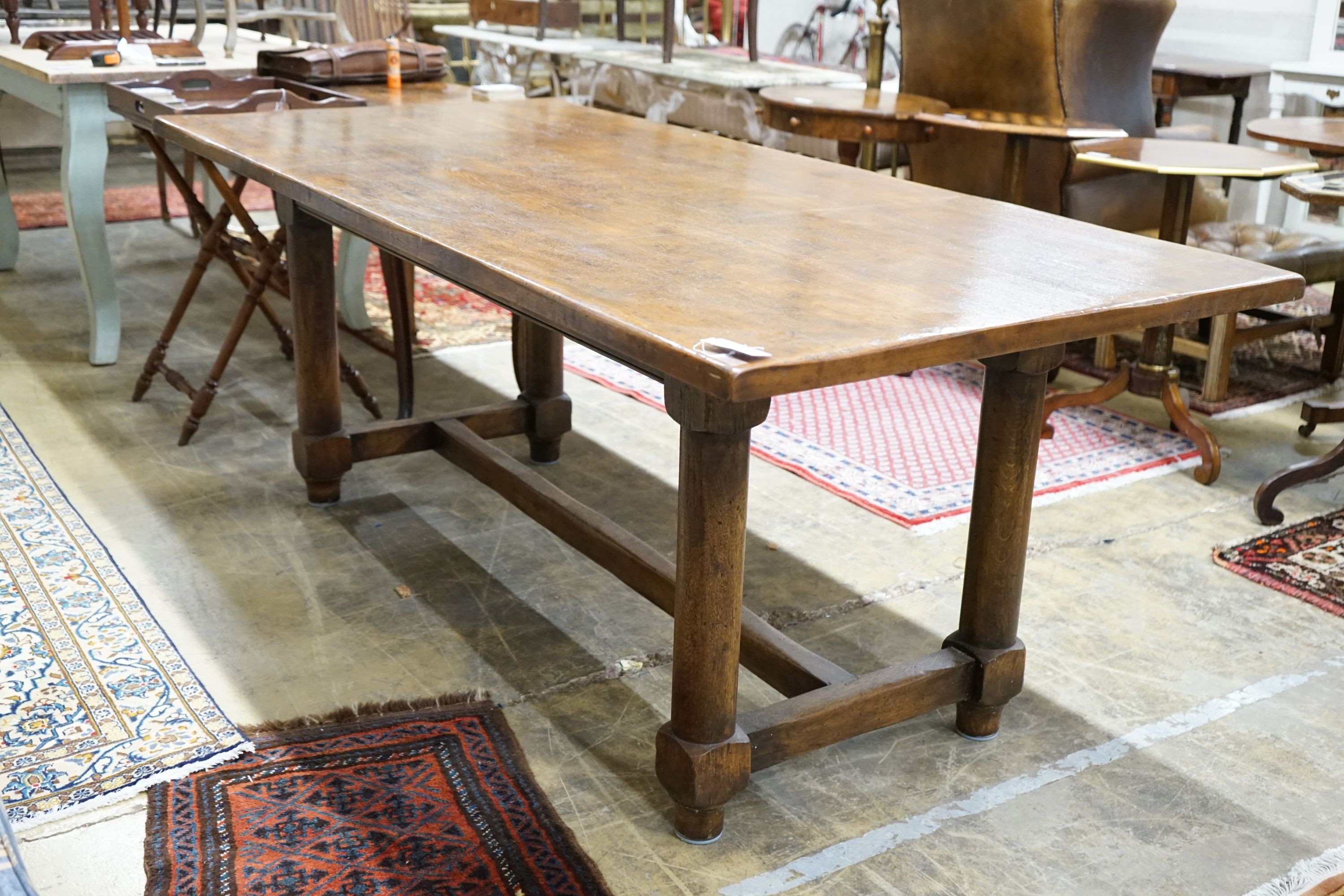 An 18th century style rectangular oak refectory dining table, length 198cm, depth 92cm, height 76cm